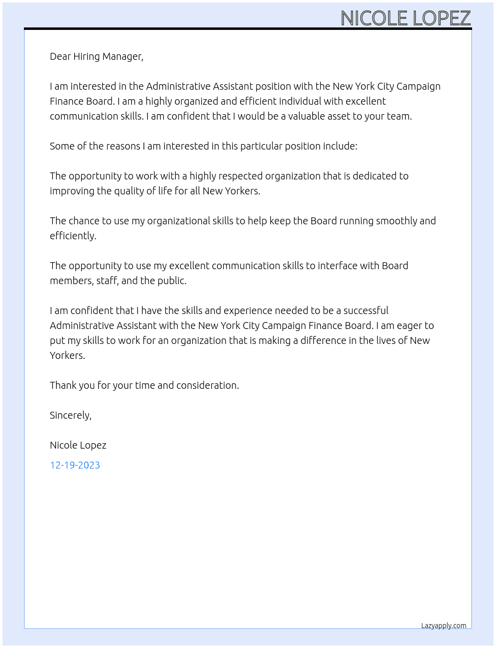 Administrative assistant  At New York City Campaign Finance Board  Cover Letter