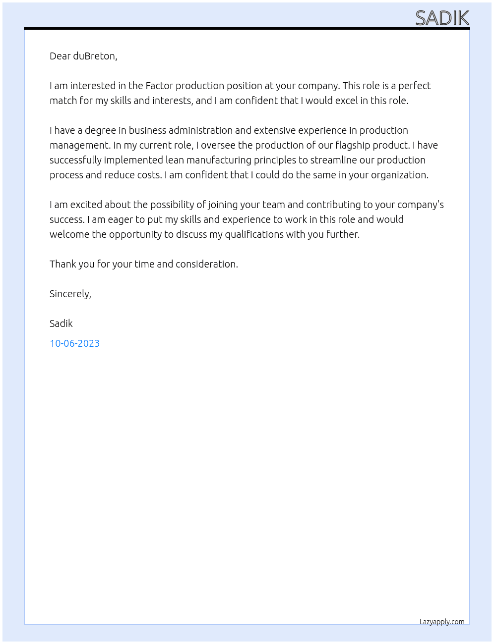 Factor production At duBreton inc. Cover Letter