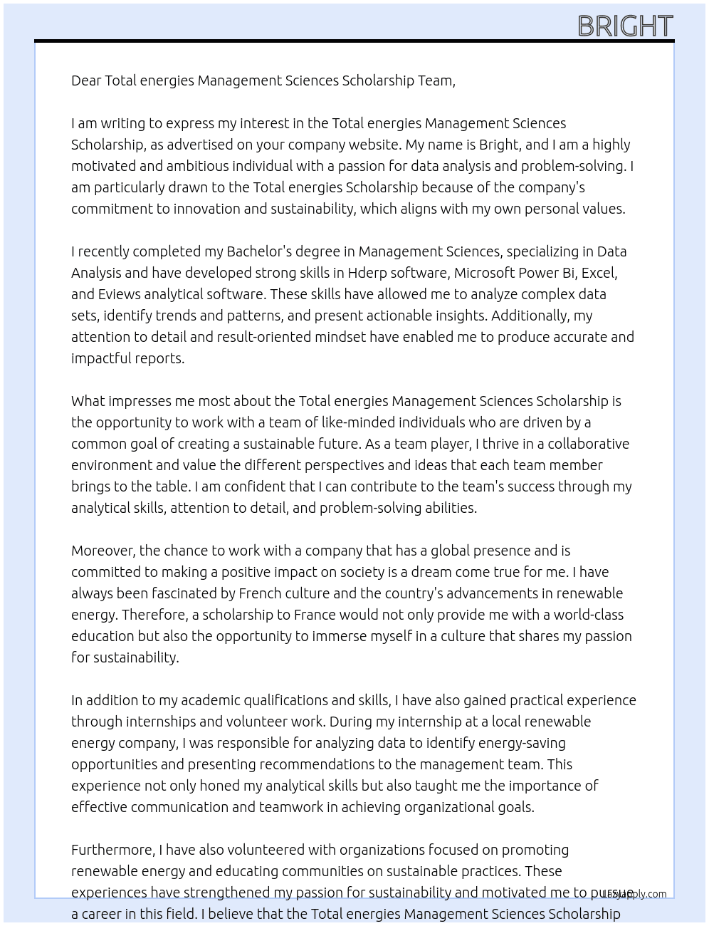 Total energies Management sciences Scholarship  At Total  energies Scholarship  Cover Letter