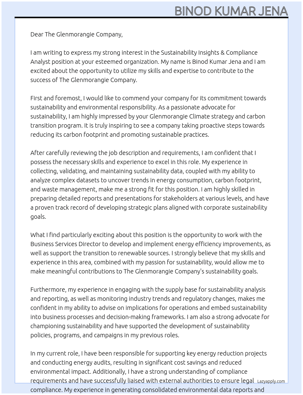Sustainability Insights & Compliance Analyst At  The Glenmorangie Company  Cover Letter
