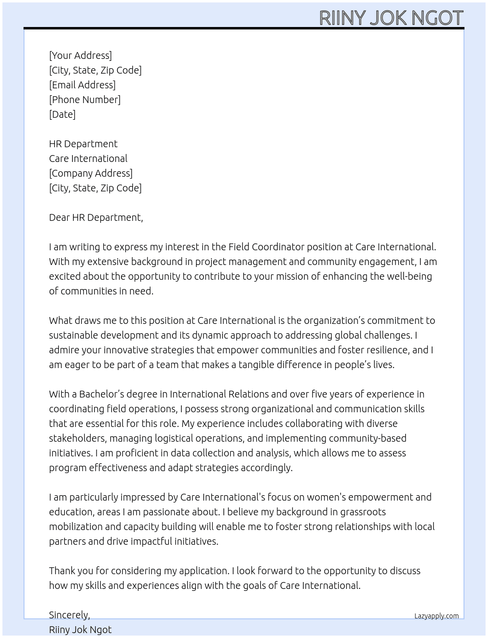 Field coordinator At Care international Cover Letter