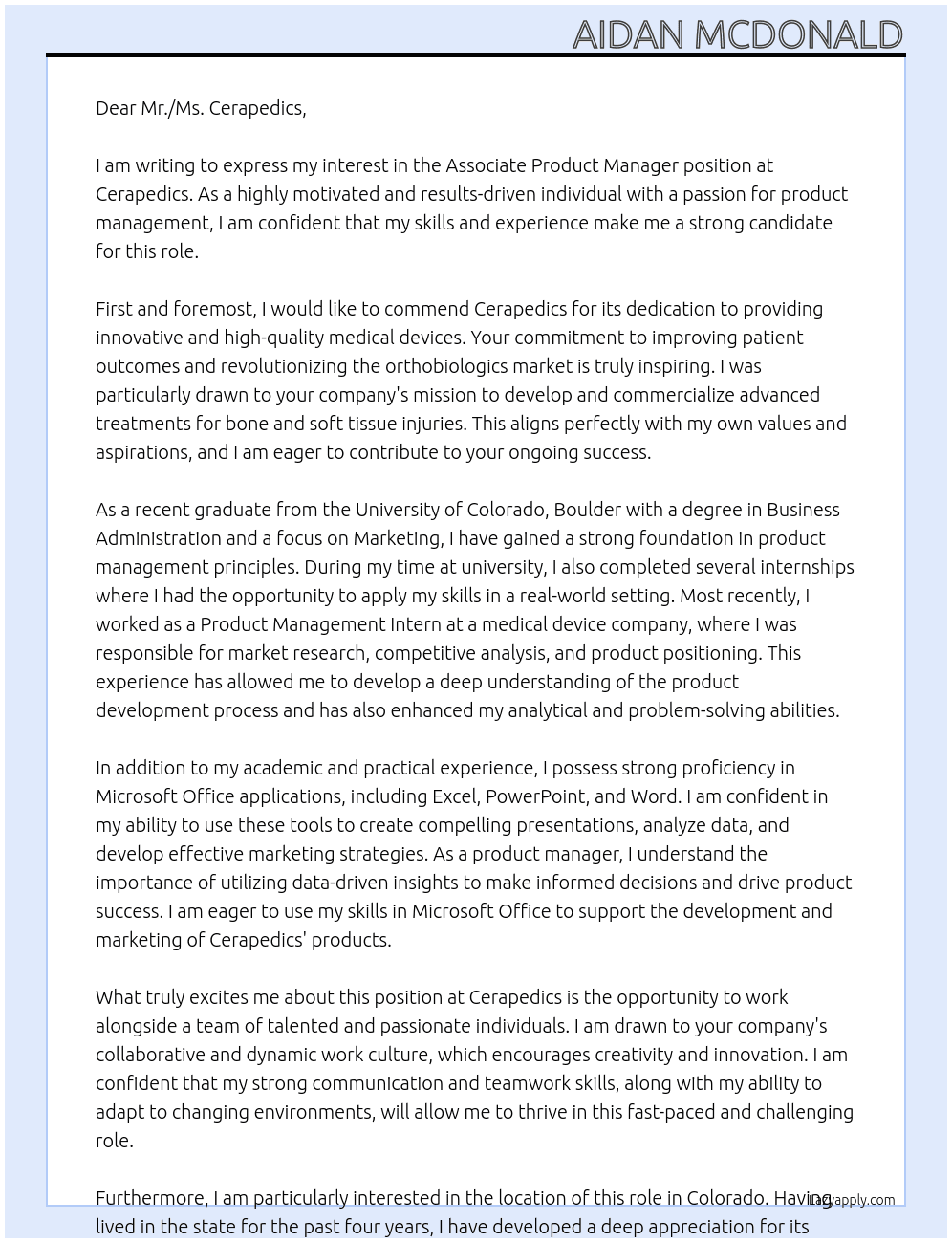Associate Product Manager At Cerapedics Cover Letter