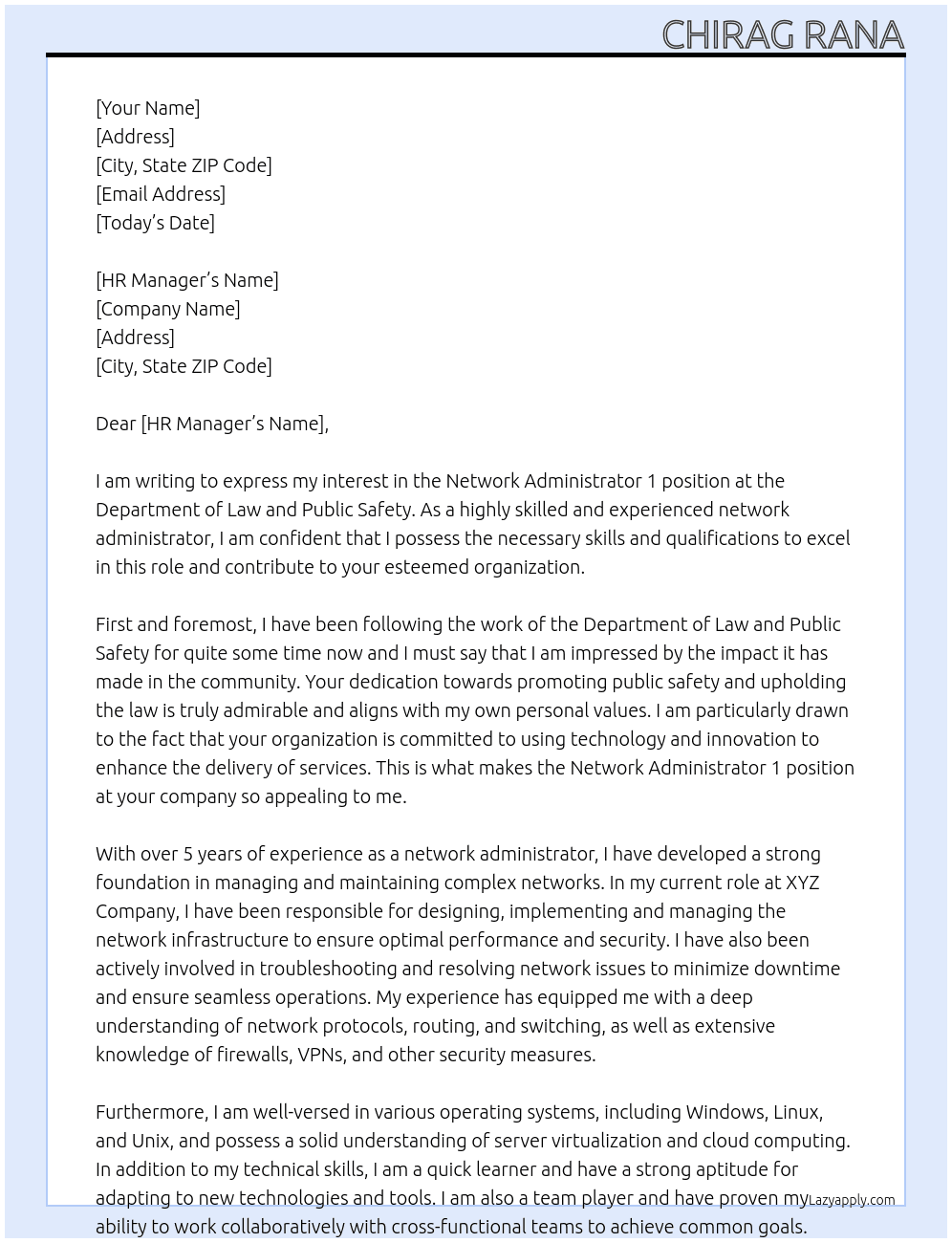 Network Administrator 1 At Department of Law and Public Safety  Cover Letter