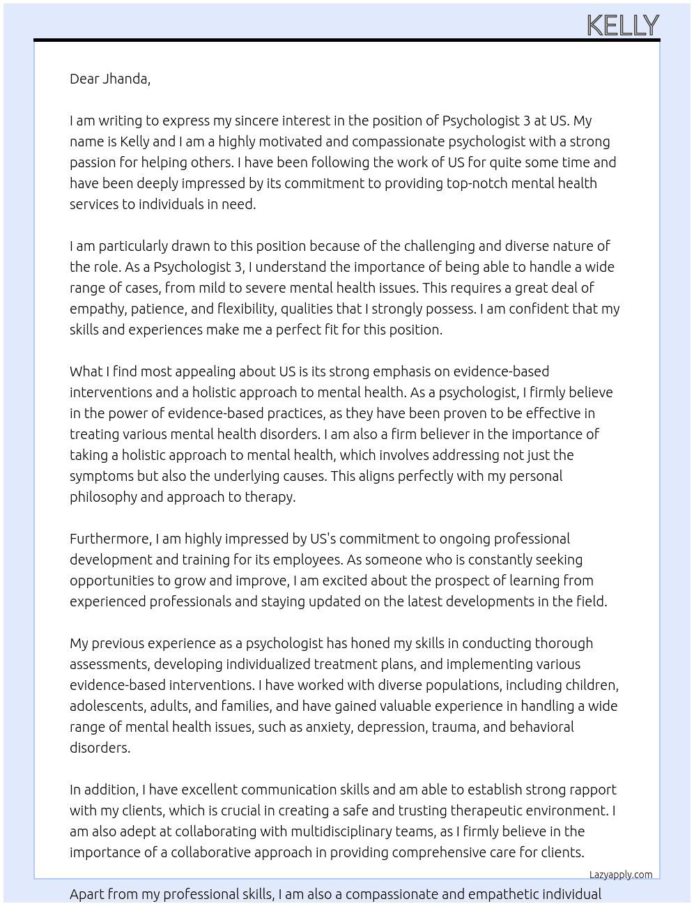 Psychologist 3 At US Cover Letter