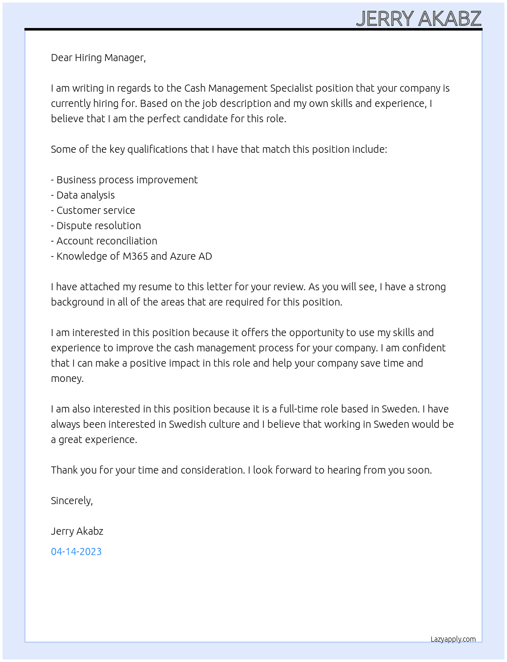 Cash Management Specialist  At Assaabloy Cover Letter