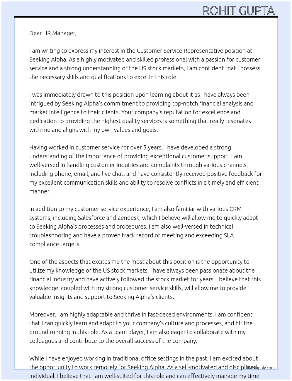 Customer service representative  At Seeking Alpha Cover Letter