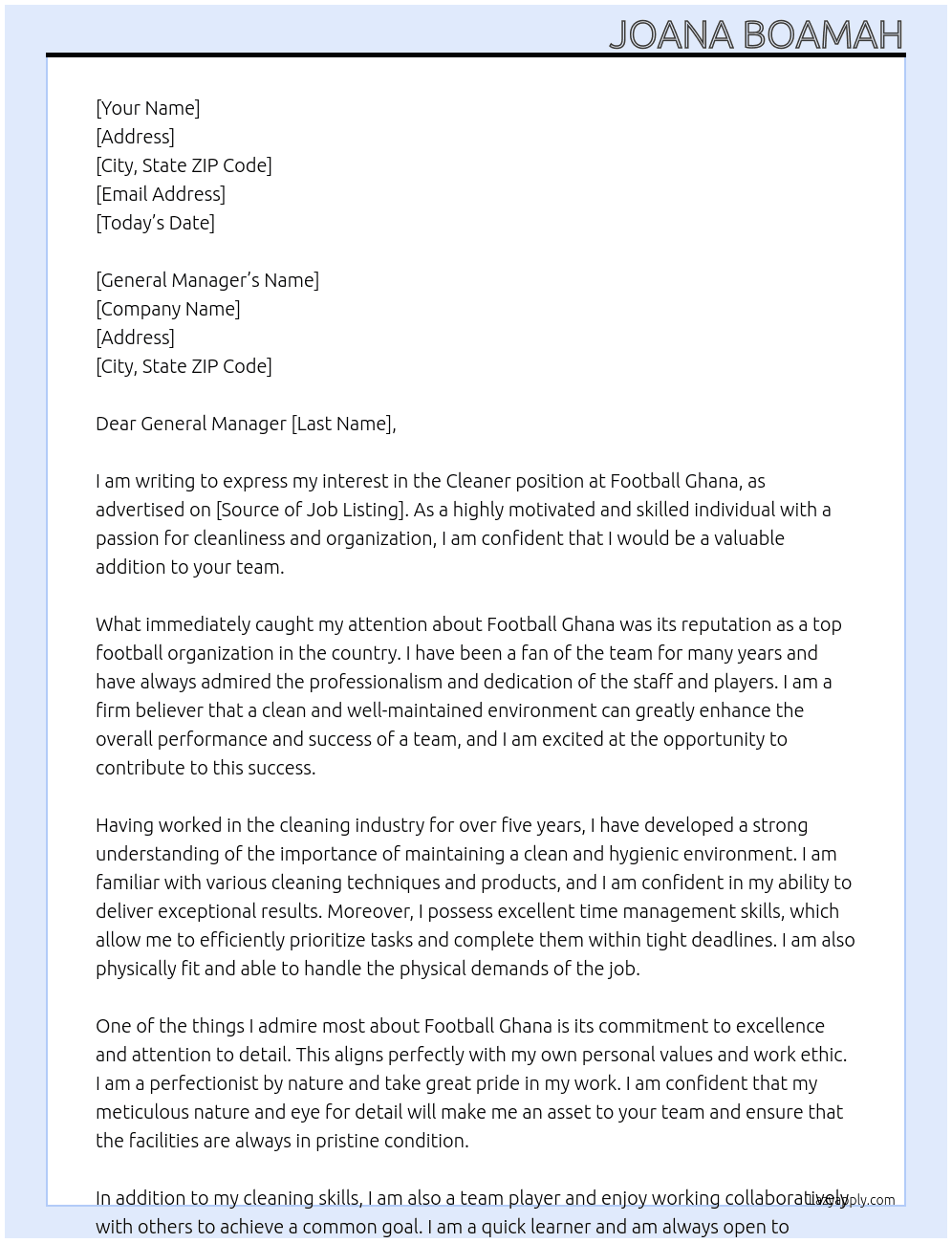 Cleaner At Football ghana Cover Letter