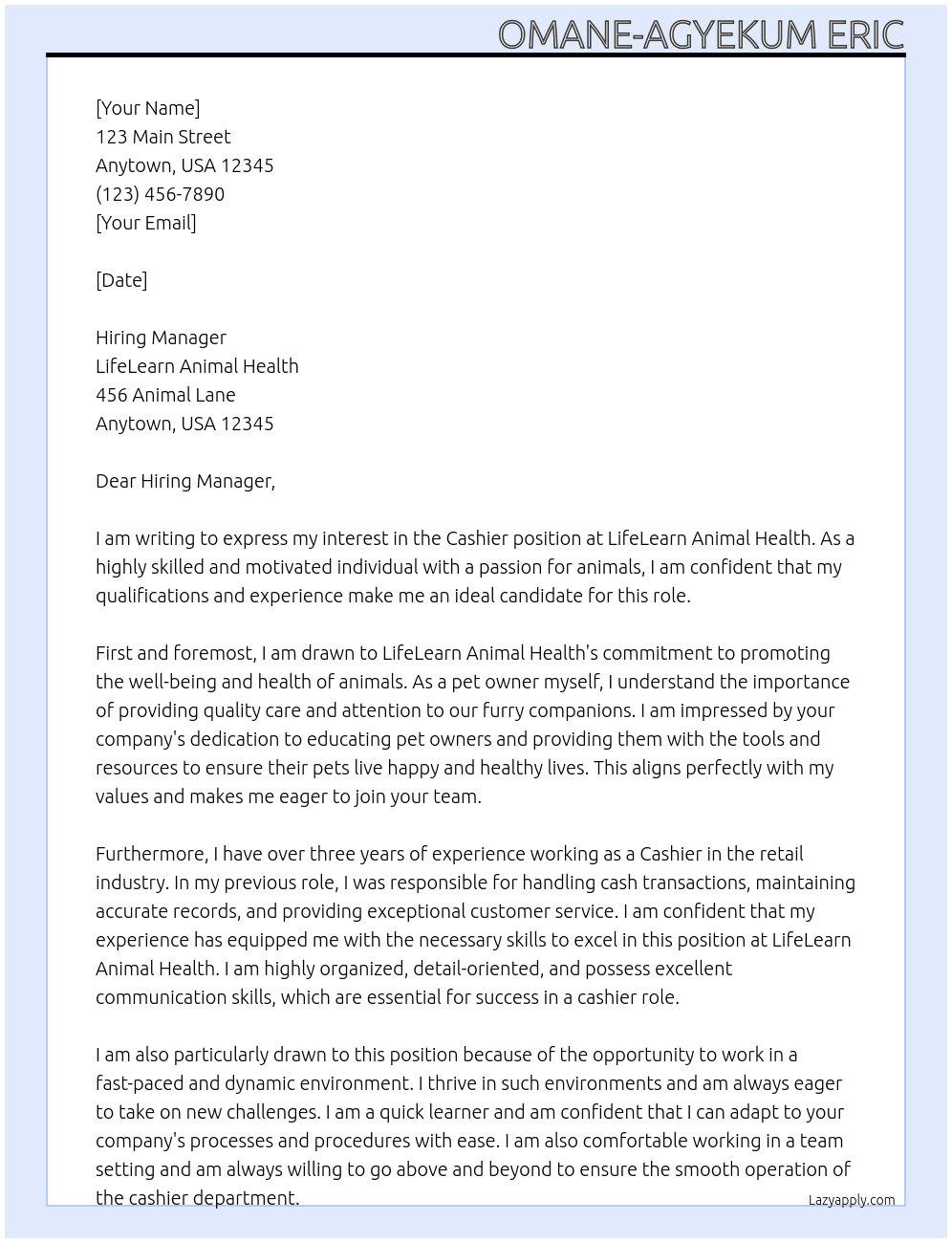 Cashier At LifeLearn Animal Health Cover Letter