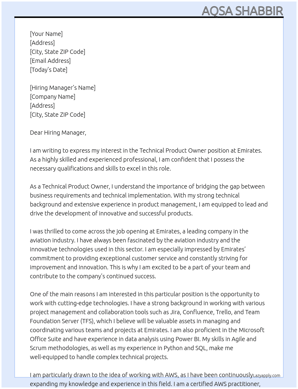 Technical Product Owner At Emirates Cover Letter