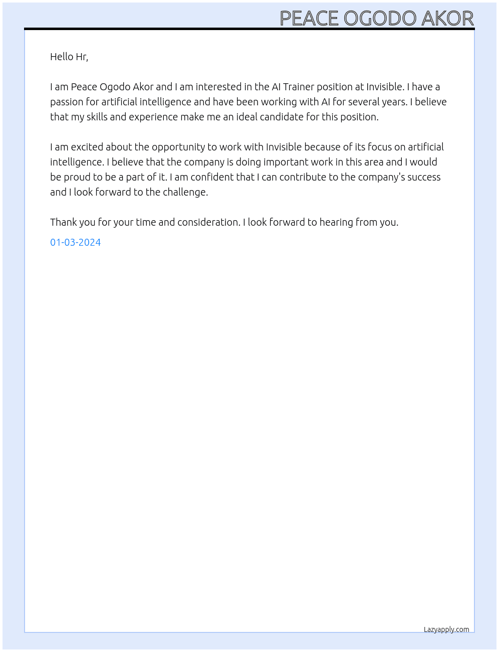 AI Trainer At invisible Cover Letter