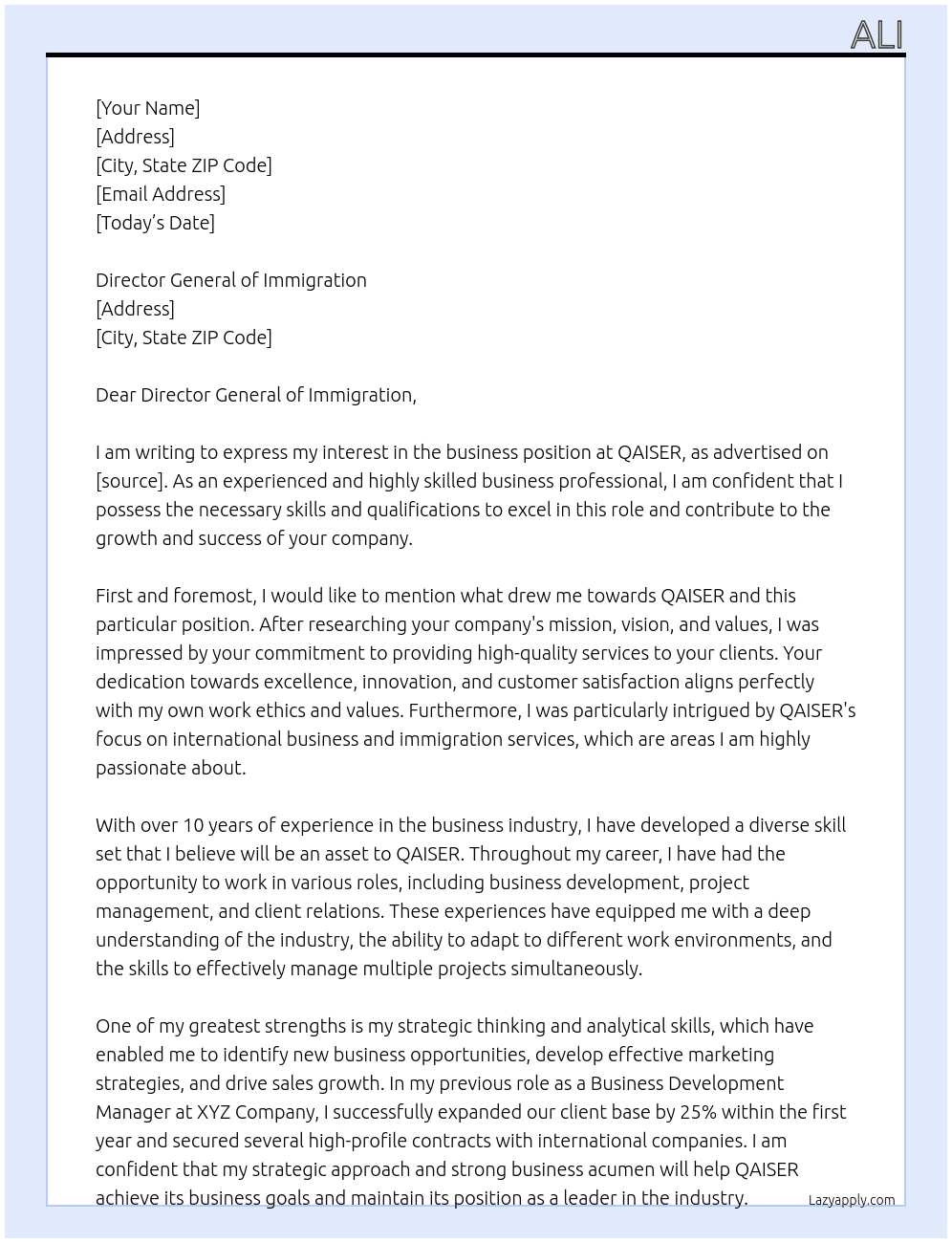 business At QAISER Cover Letter