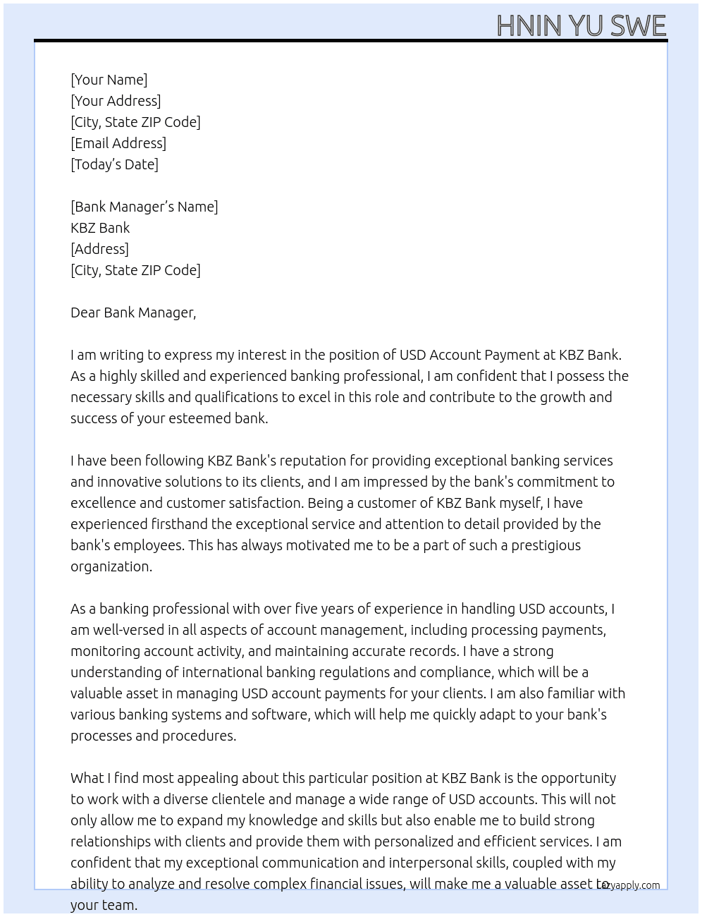 USD account payment  At KBZ bank Cover Letter