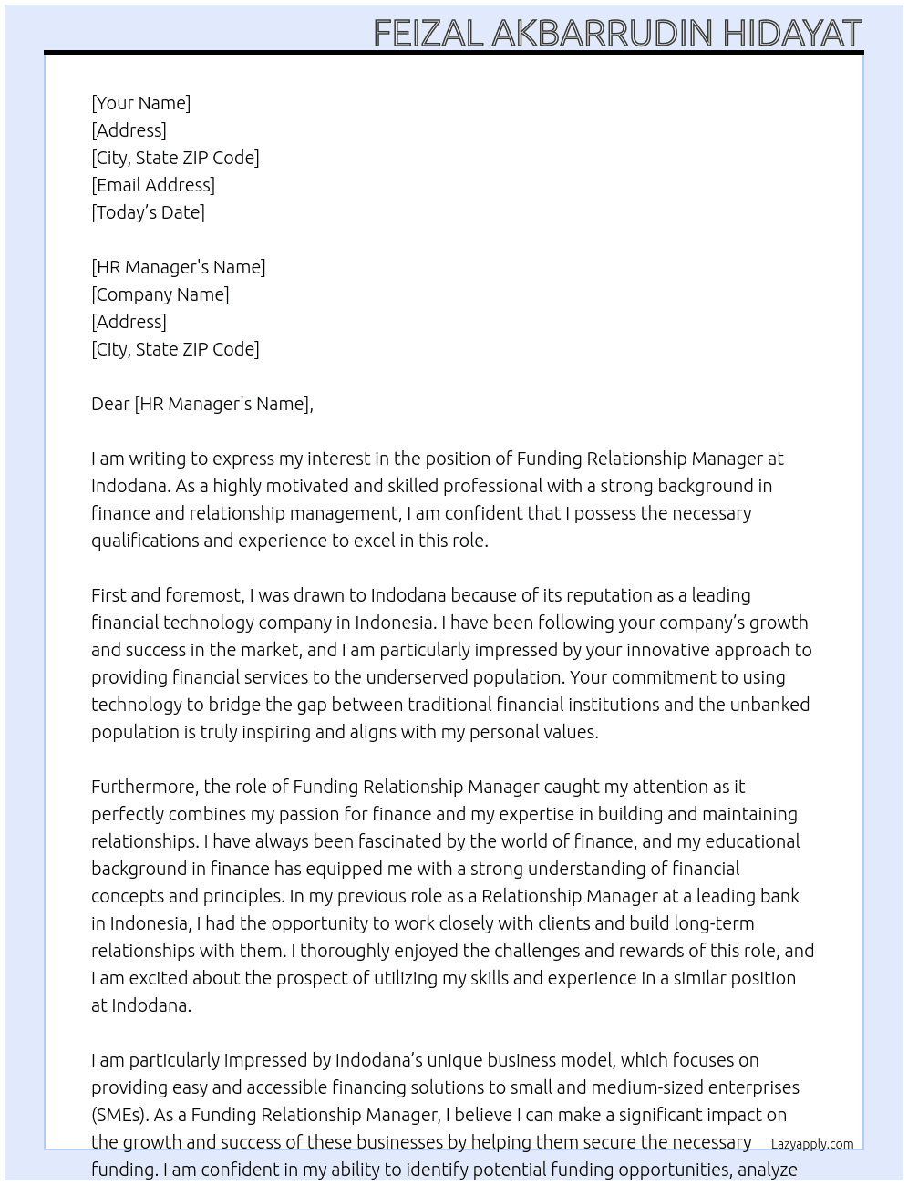 Funding Relationship Manager At Indodana Cover Letter