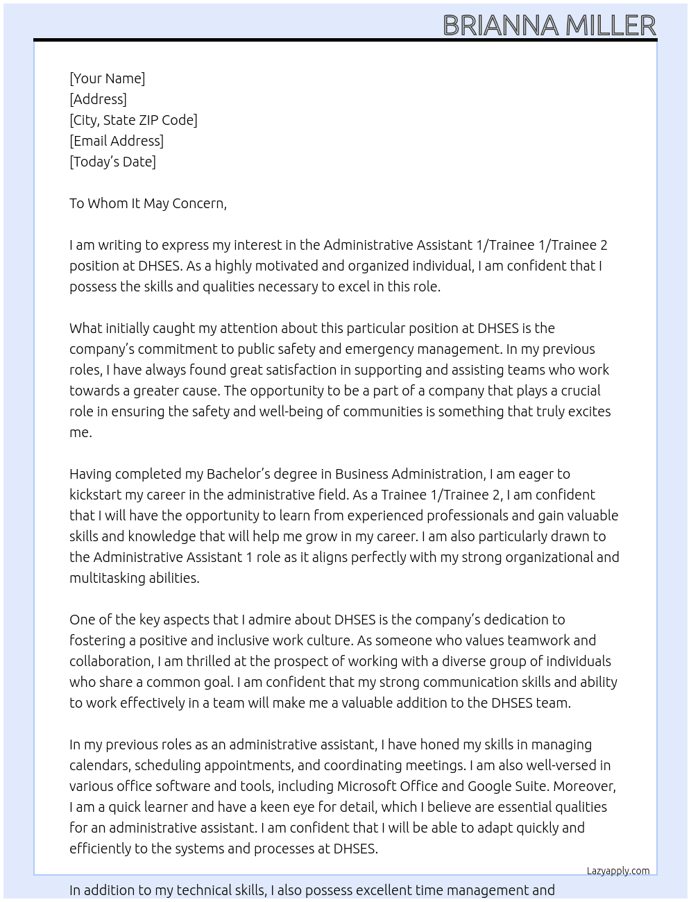 Administrative Assistant 1/Trainee 1/Trainee 2 At DHSES Cover Letter