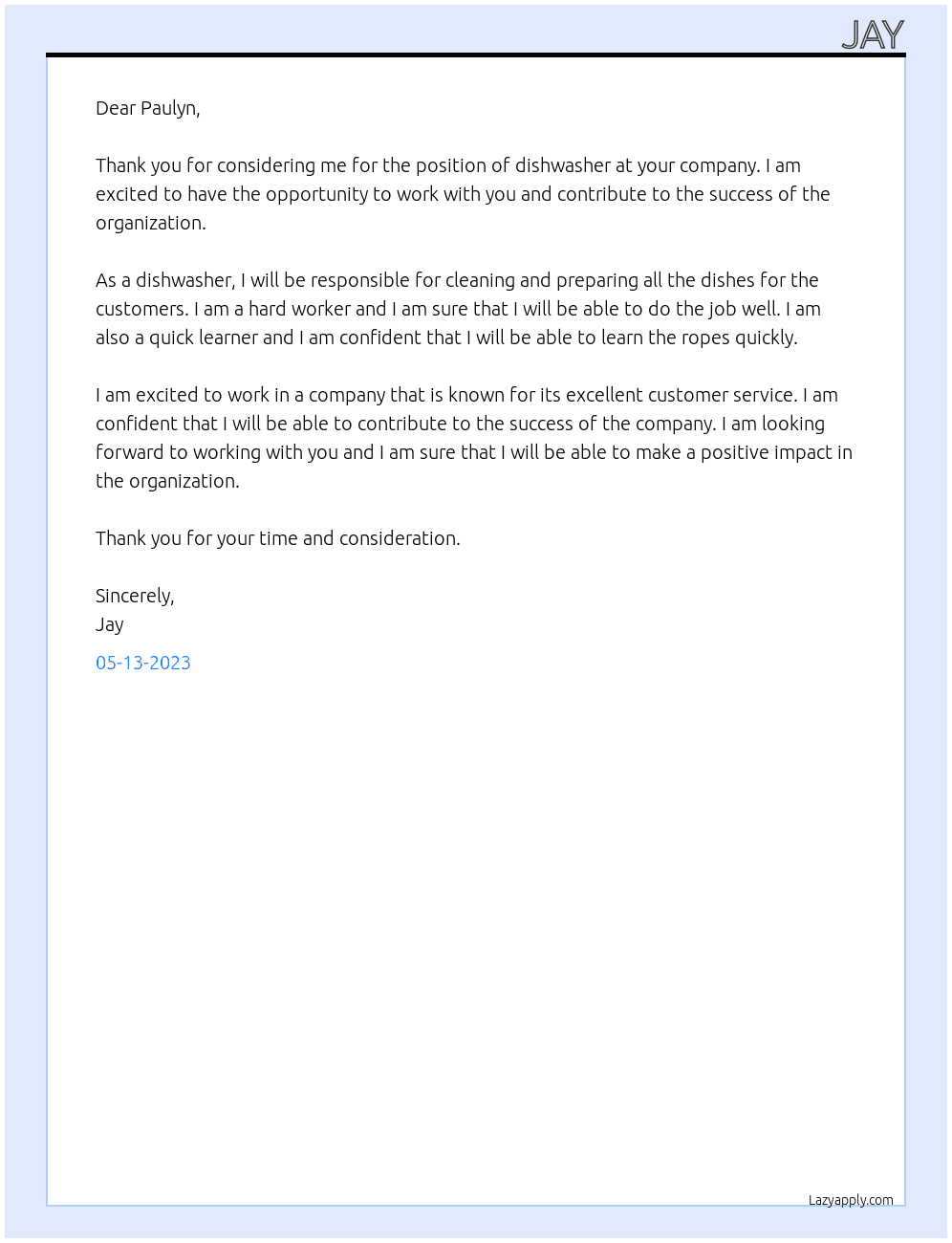 Dishwasher  At ABCD Company  Cover Letter