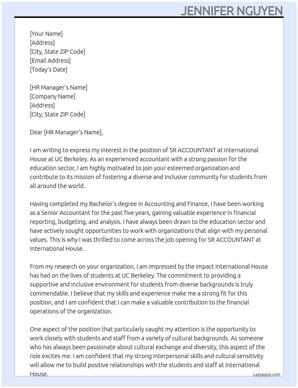 SR ACCOUNTANT At international house at uc berkeley Cover Letter