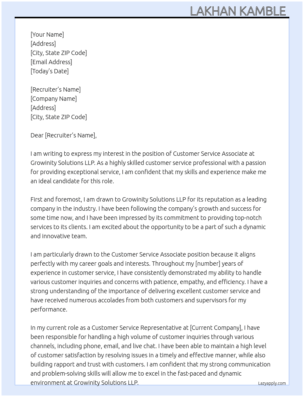 Customer Service Associate  At Growinity Solutions LLP Cover Letter