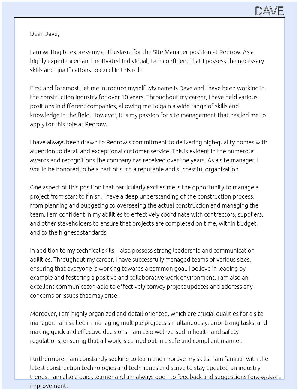 site manager  At redrow Cover Letter