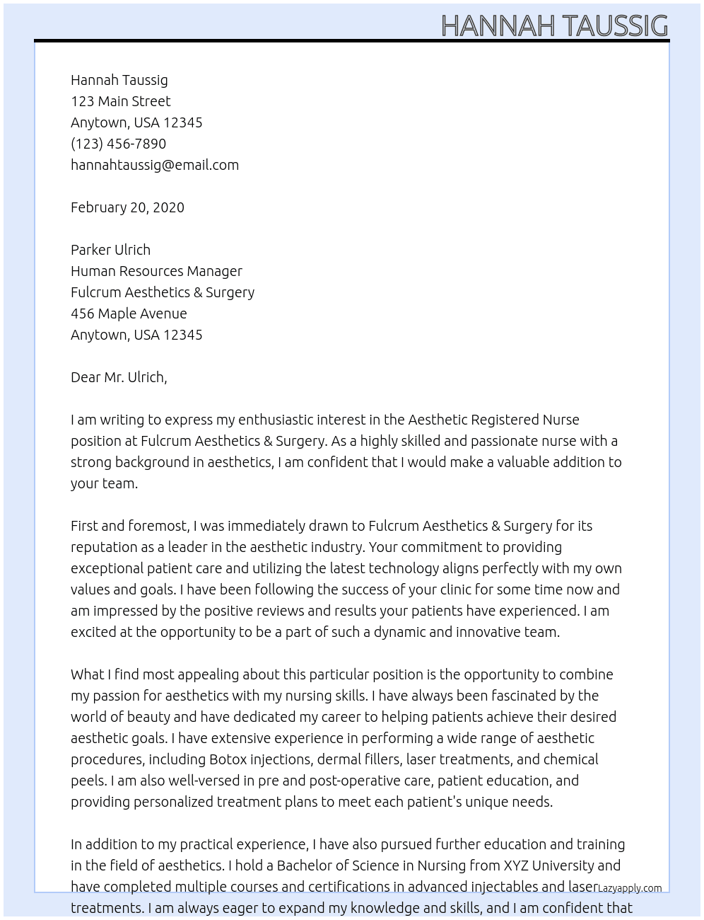 Aesthetic Registered Nurse At Fulcrum Aesthetics & Surgery Cover Letter