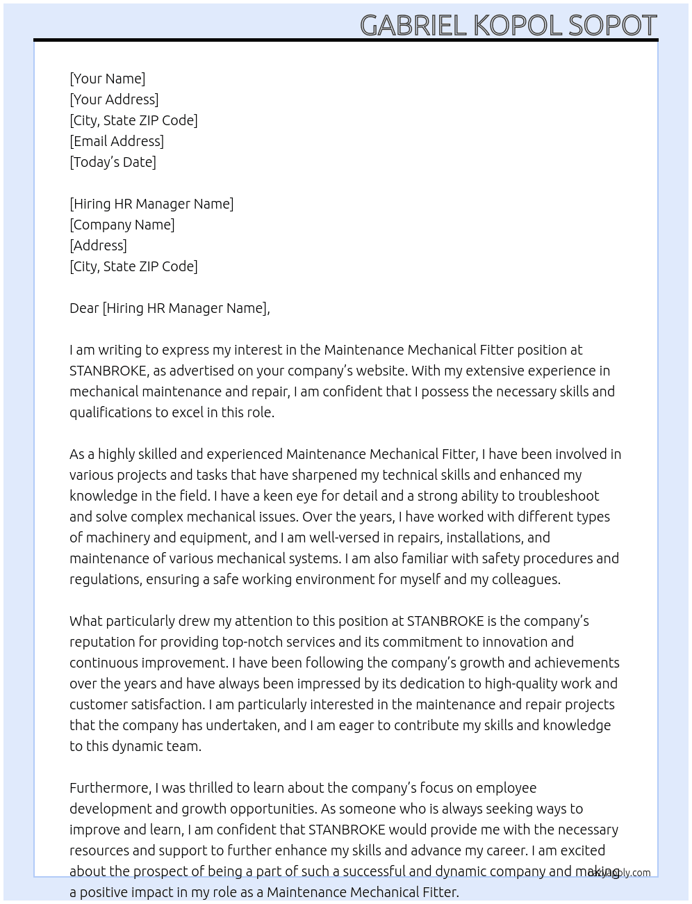 Maintenance Mechanical Fitter At STANBROKE Cover Letter