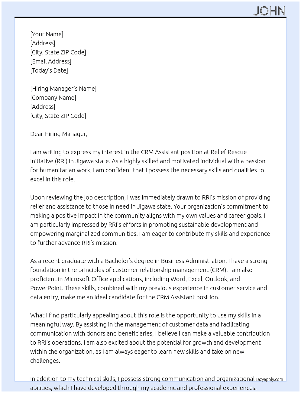 CRM Assistant at Relief Rescue Initiative (RRI) At Relief Rescue Initiative ,Jigawa state  Cover Letter