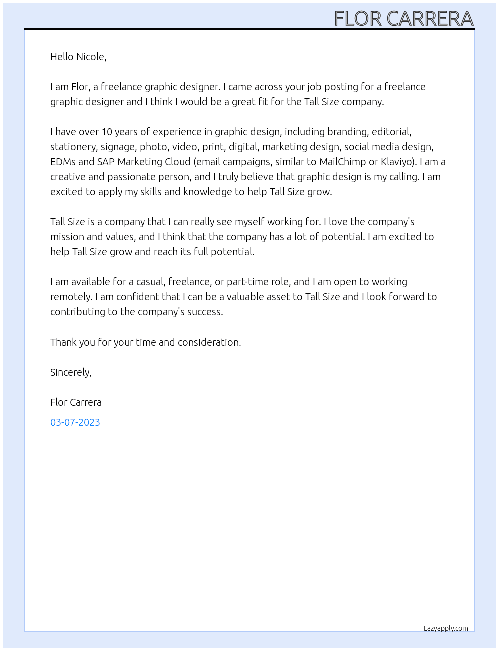 Freelance Graphic Designer At Tall Size Cover Letter