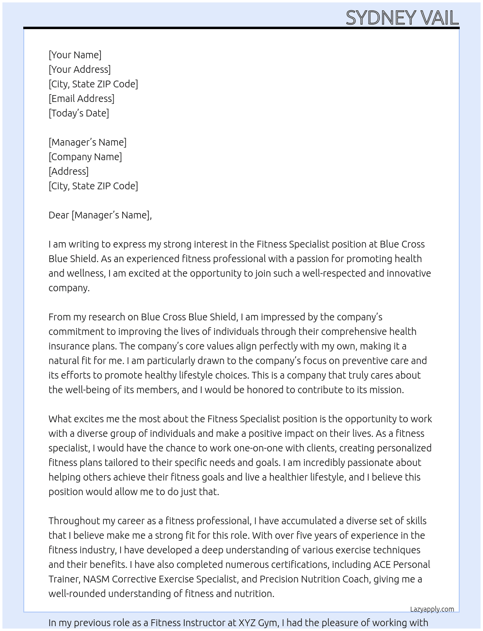 Fitness specialist  At Blue cross blue shield  Cover Letter
