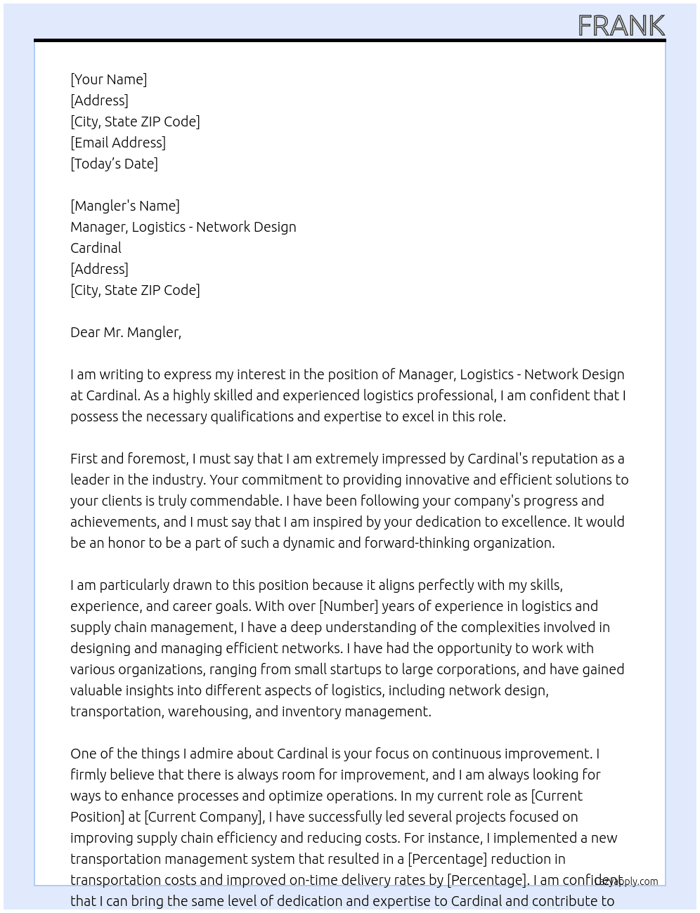 Manager, Logistics - Network Design At Cardinal  Cover Letter
