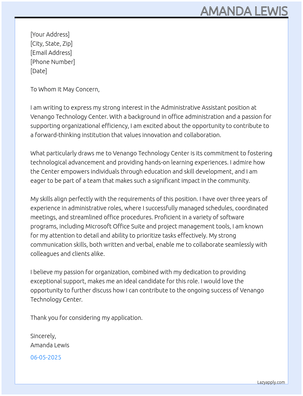 Administrative Assistant At Venango Technology Center Cover Letter