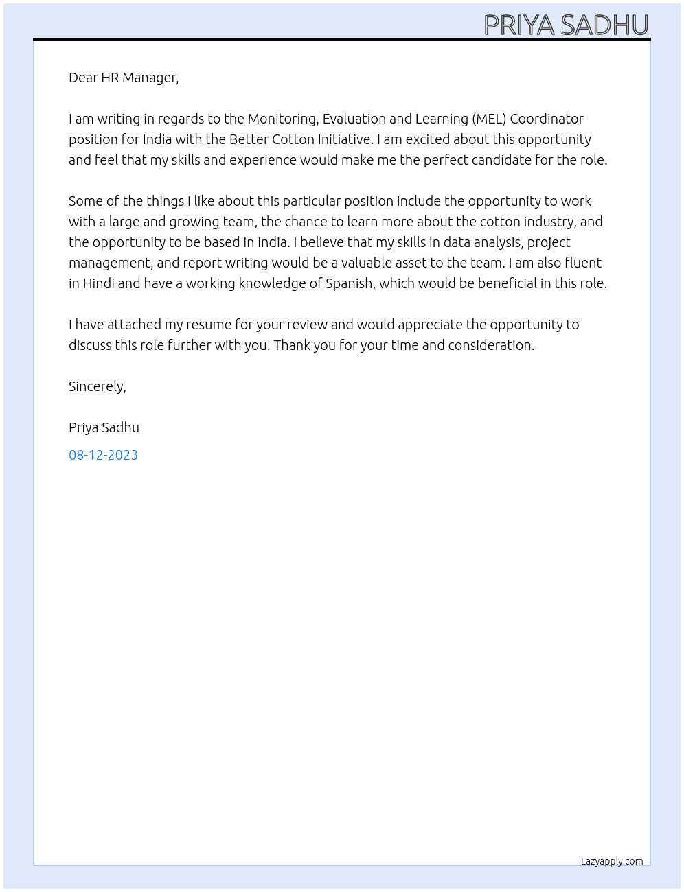 Monitoring, Evaluation and Learning (MEL) Coordinator - India At Better Cotton Initiative Cover Letter