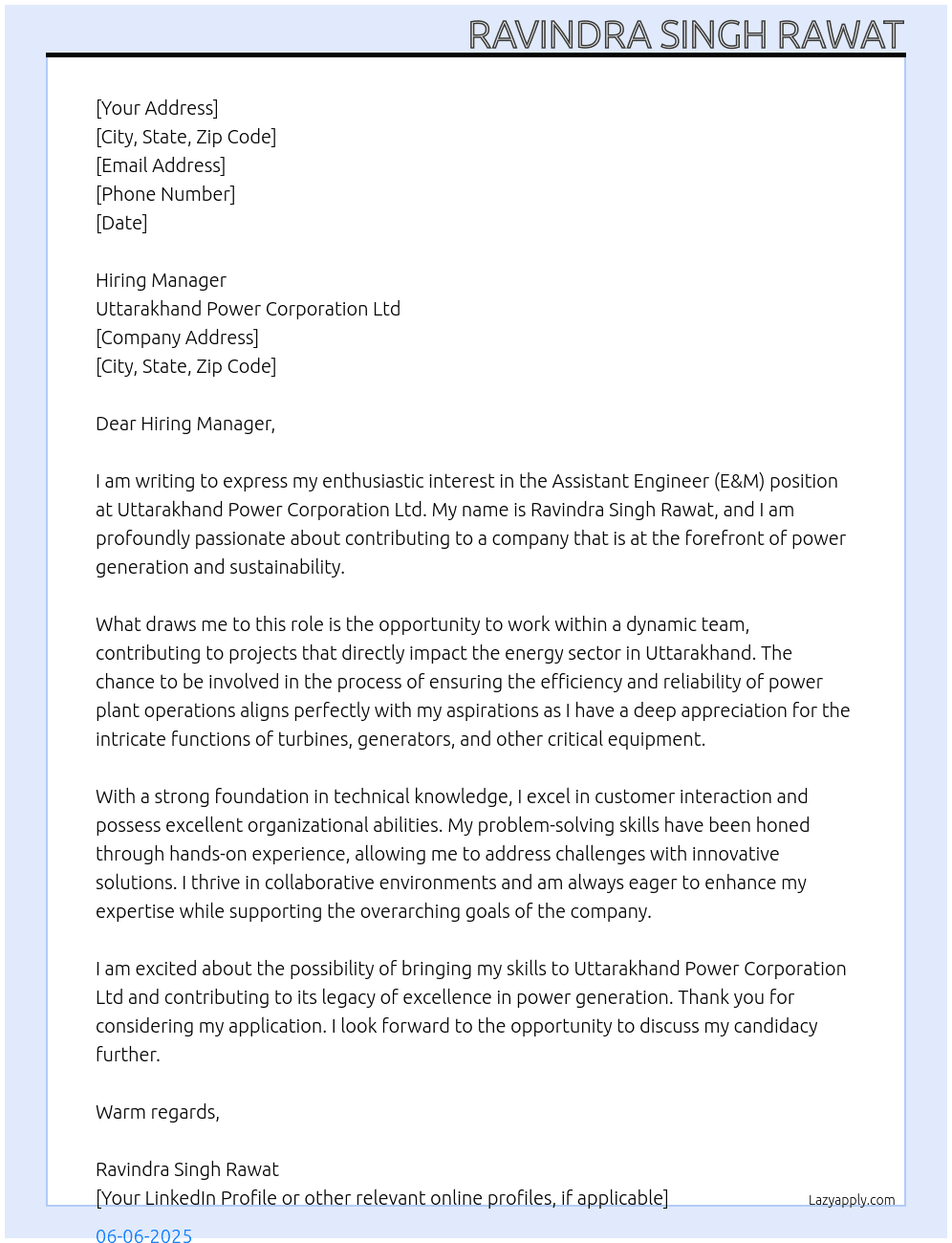 Assistant Engineer (E&M) At Uttarakhand Power Corporation Ltd Cover Letter