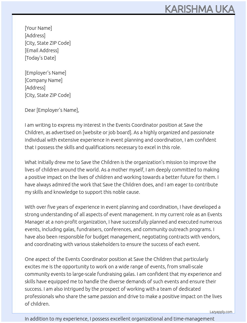 Events Coordinator At save the children Cover Letter