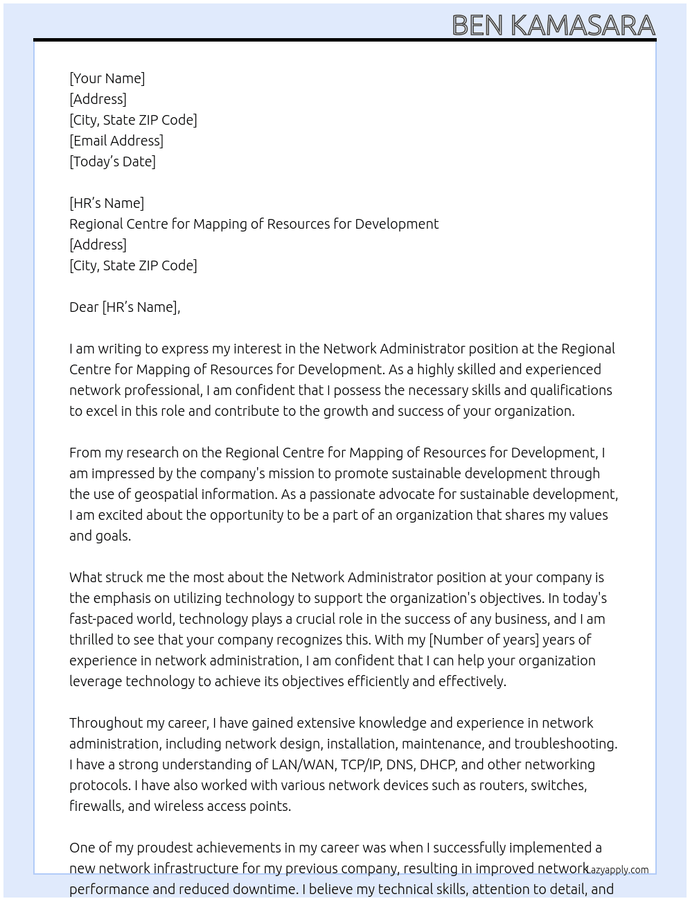 network administrator At Regional Centre for Mapping of Resources for Development  Cover Letter
