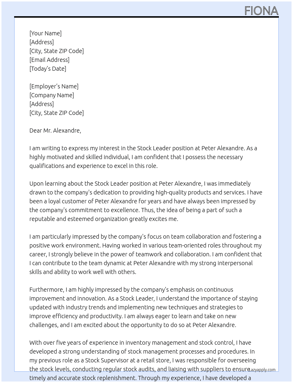 stock leader At Peter Alexandre Cover Letter