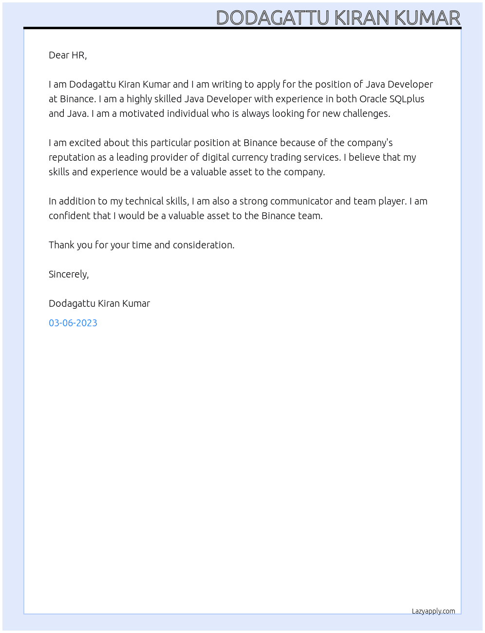 java developer At Binance Cover Letter
