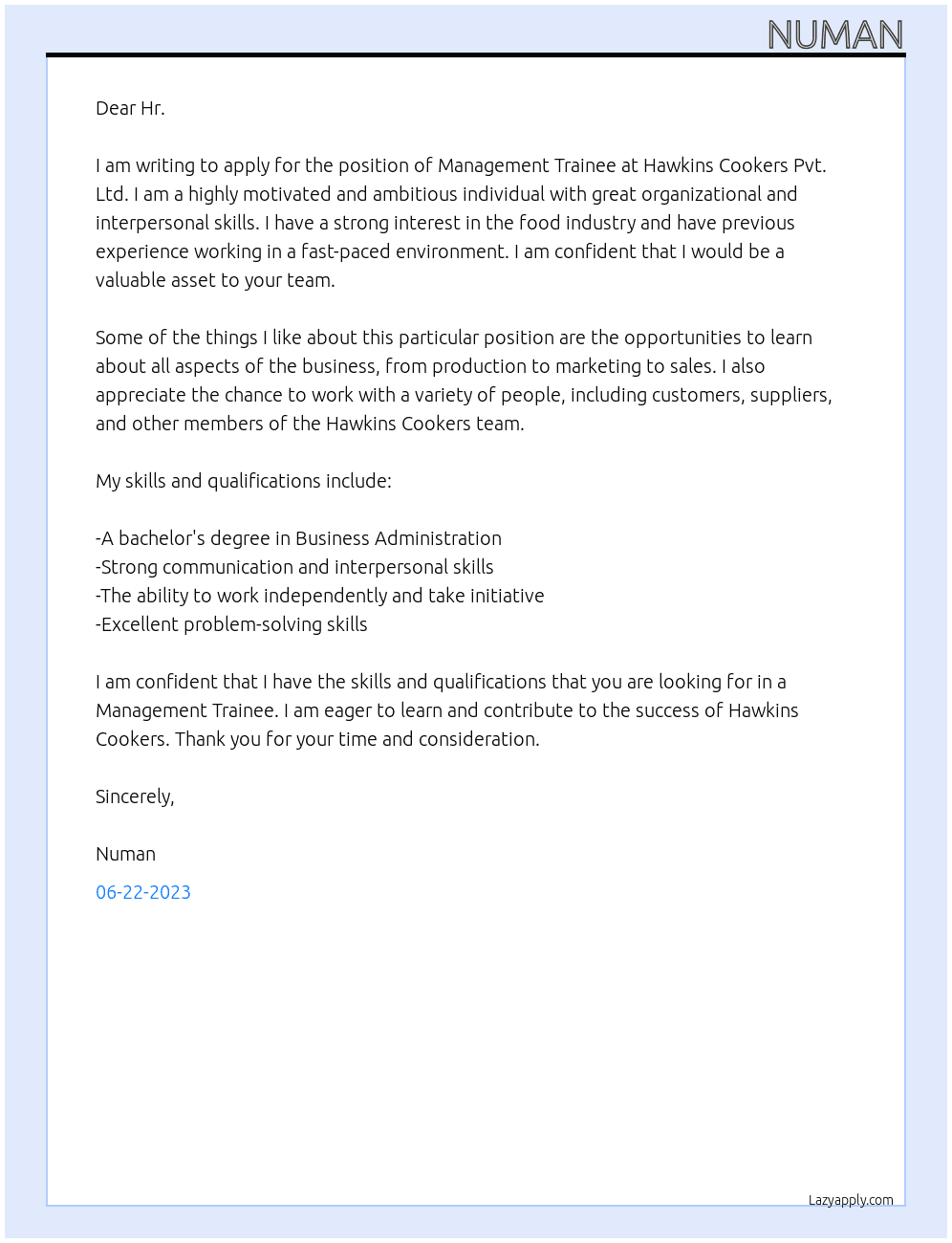 Management Trainee At Hawkins Cookers pvt ltd Cover Letter