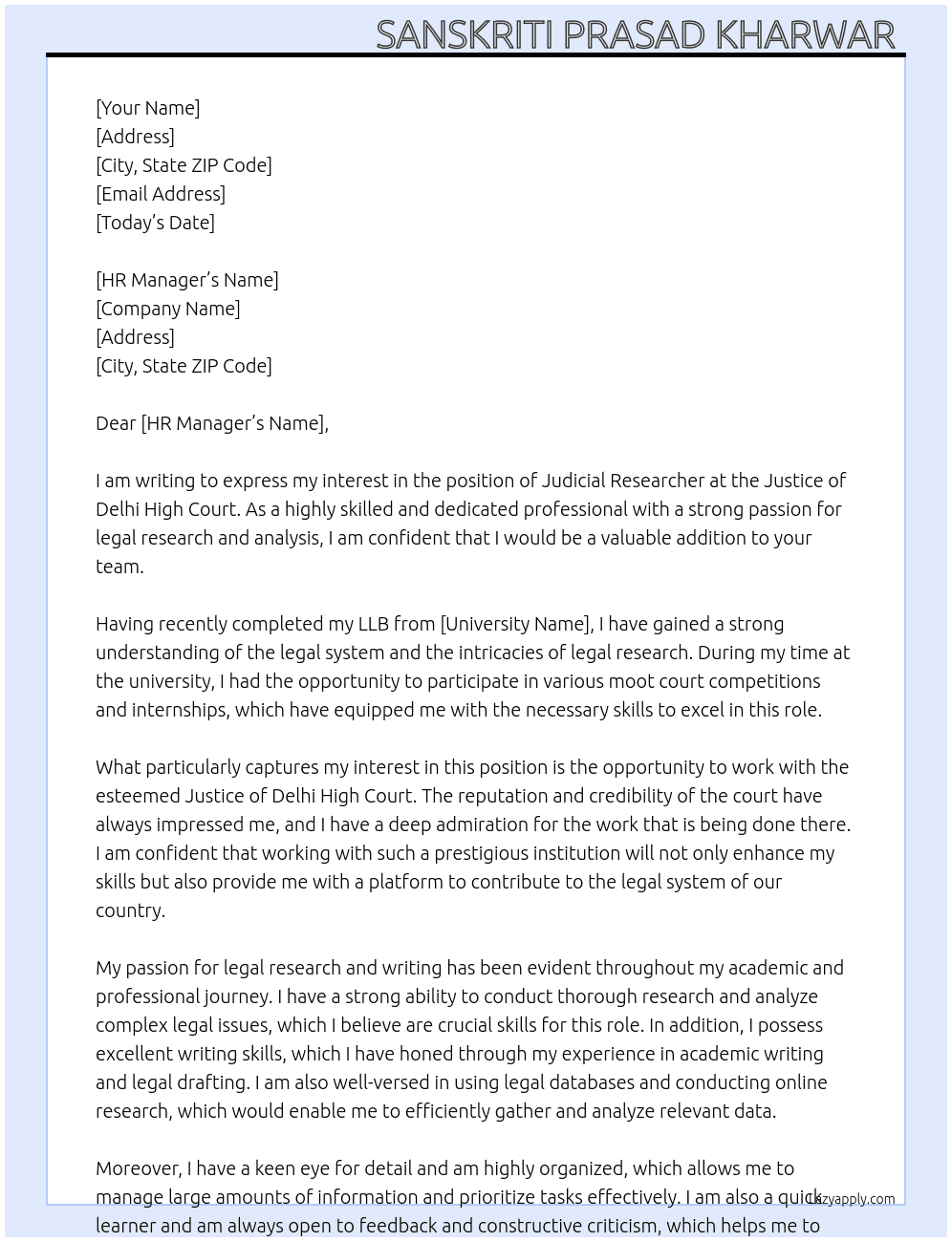 judicial Researcher At justice of delhi high court Cover Letter