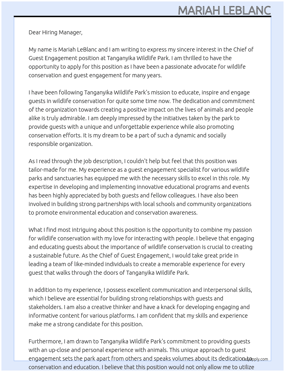 Chief of Guest Engagement At Tanganyika Wildlife Park Cover Letter