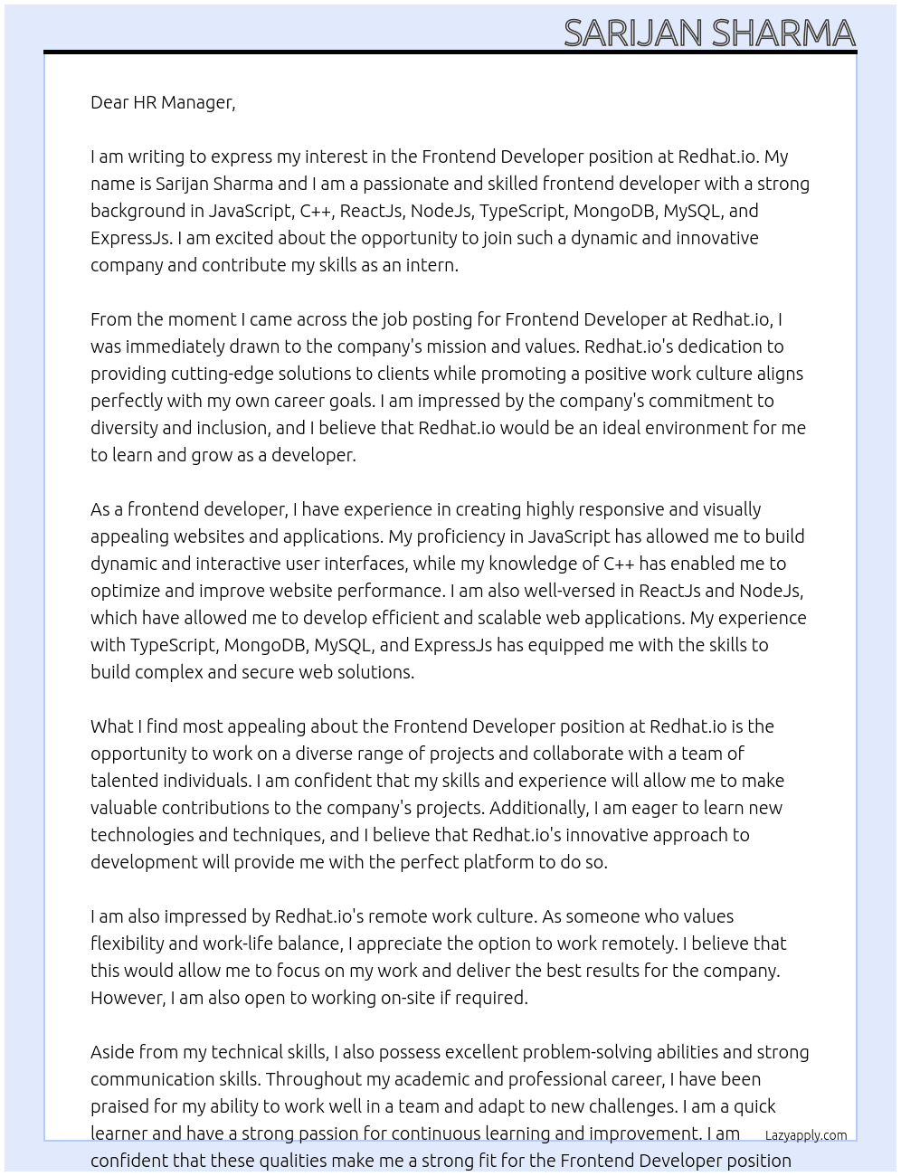 Frontend Developer At Redhat.io Cover Letter