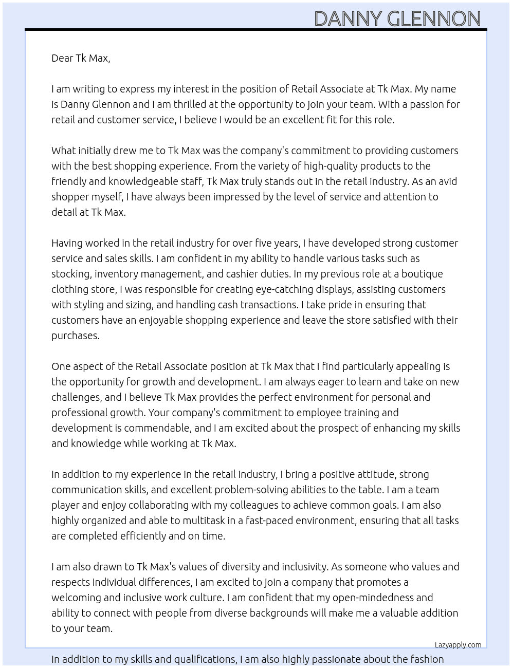 Retail associate At Tk Max Cover Letter