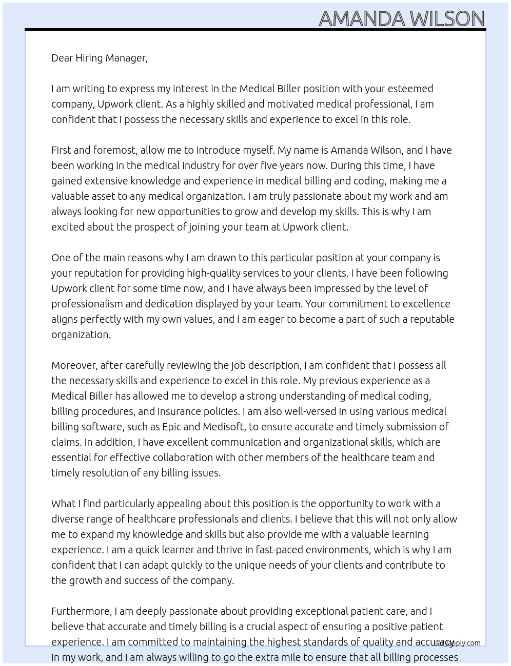 Medical Biller At Upwork client Cover Letter