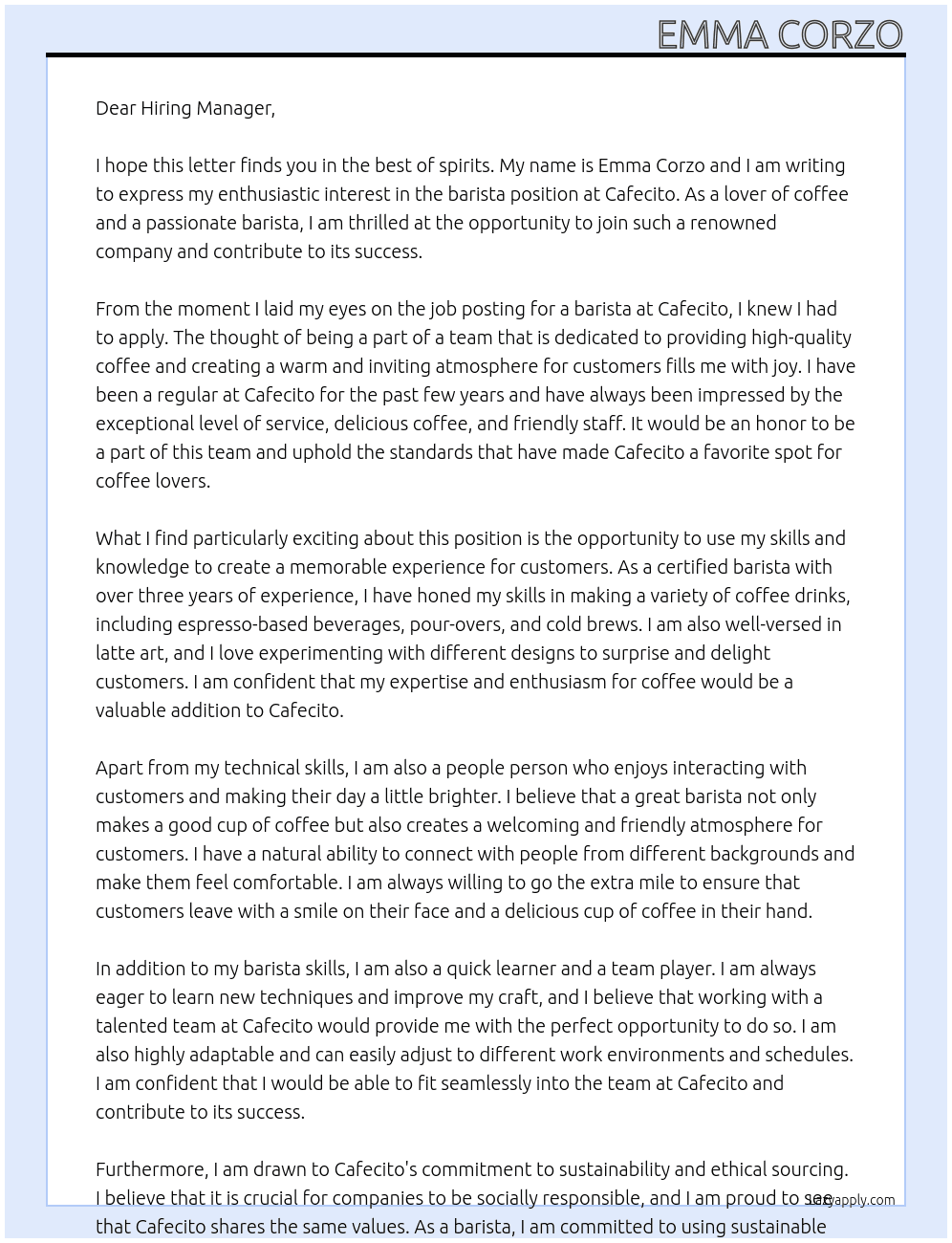 barista At Cafecito Cover Letter