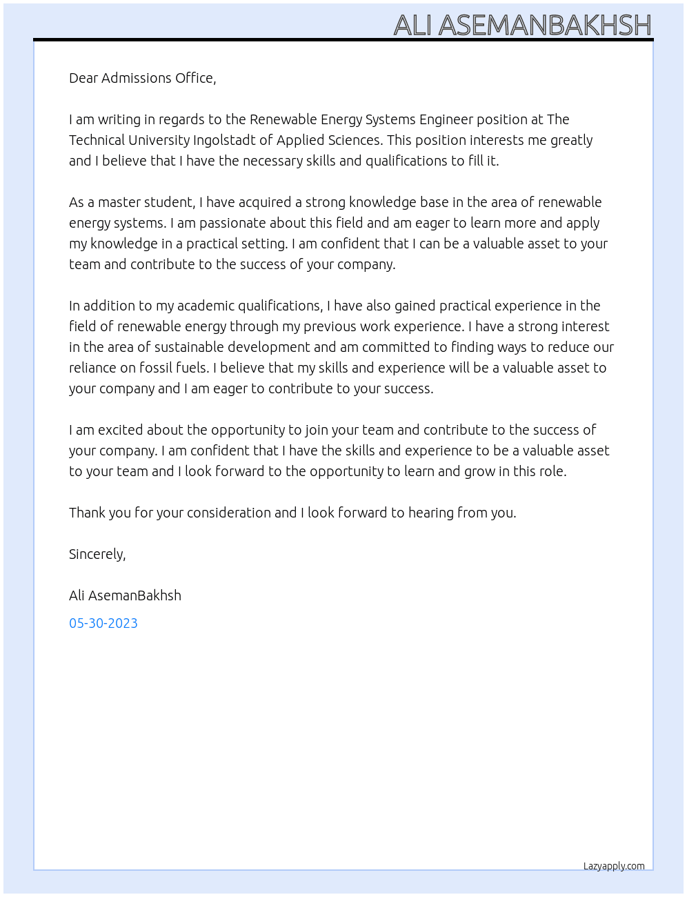 Renewable Energy Systems Engineer At The Technical University Ingolstadt of Applied Sciences Cover Letter
