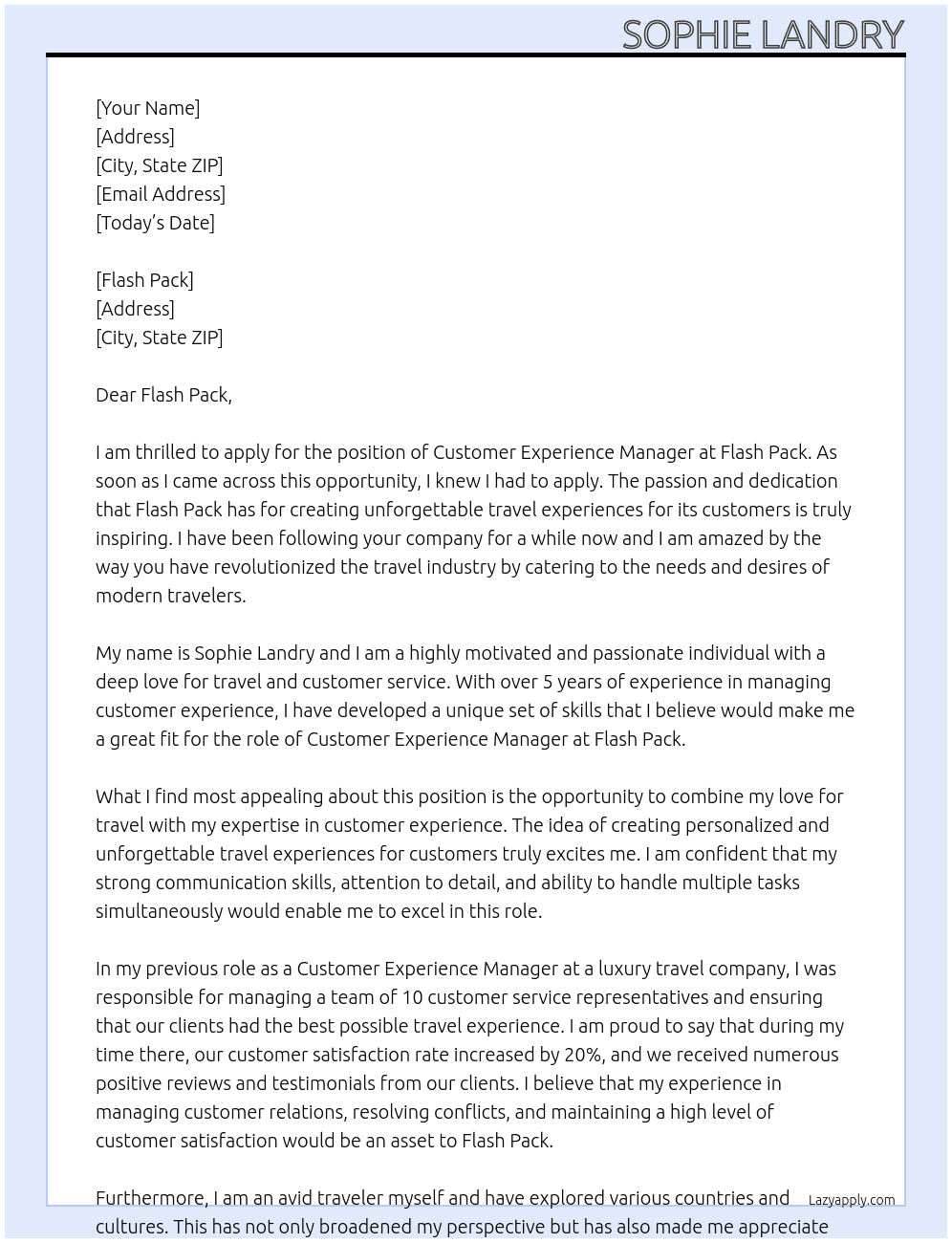 Customer Experience Manager At Flash Pack Cover Letter