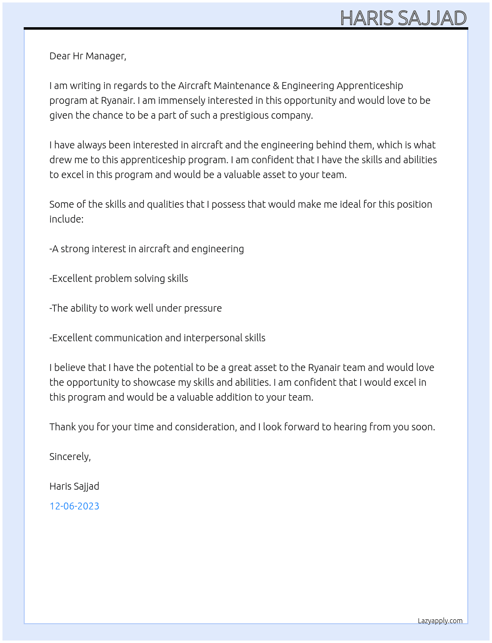 Aircraft Maintenance & Engineering Apprenticeship program At Ryanair Cover Letter