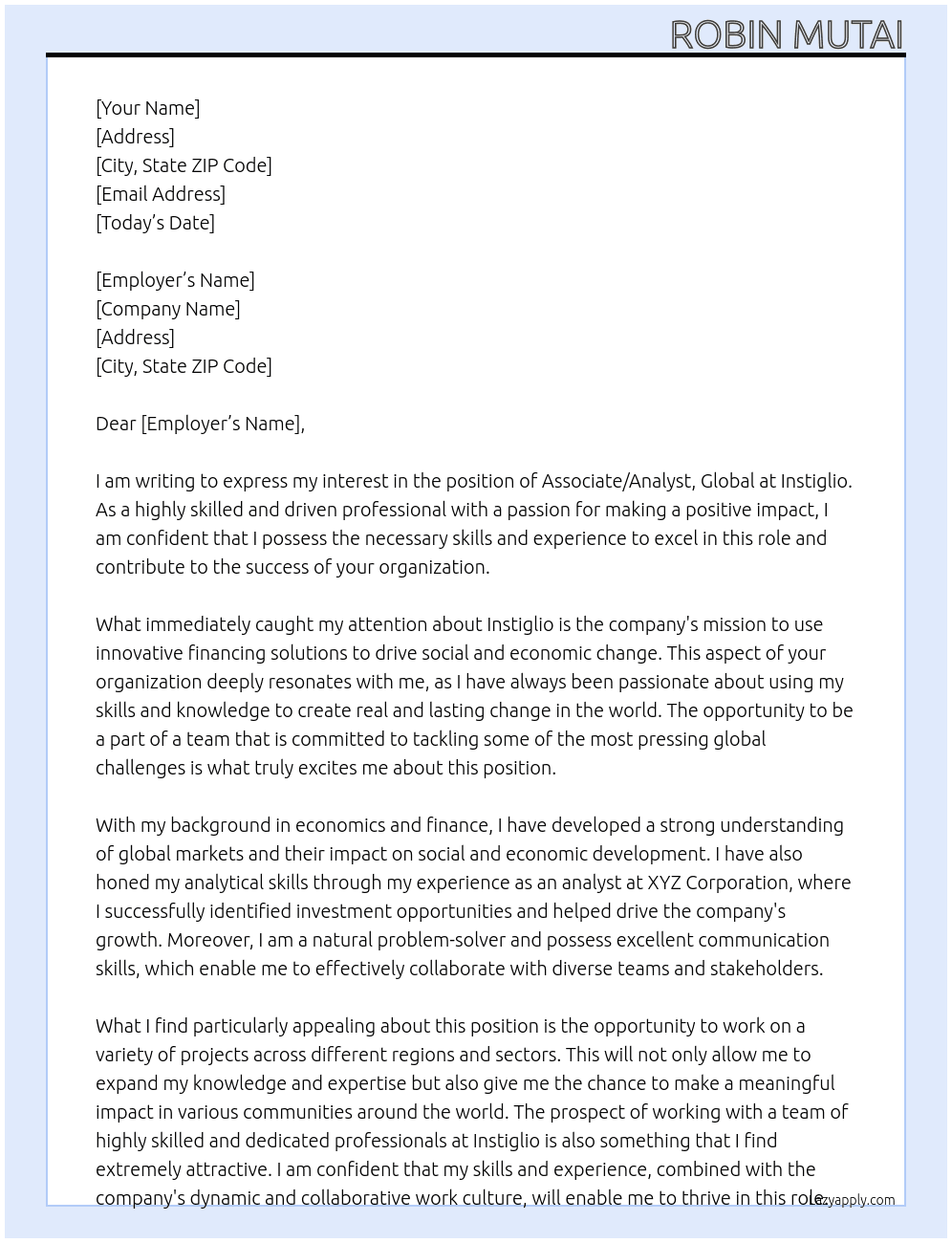 Associate/Analyst, Global At Instiglio Cover Letter