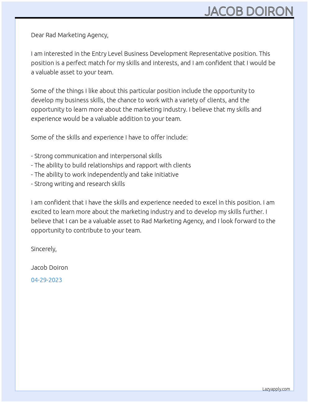 Entry Level Business Development Representative At Rad Marketing Agency Cover Letter