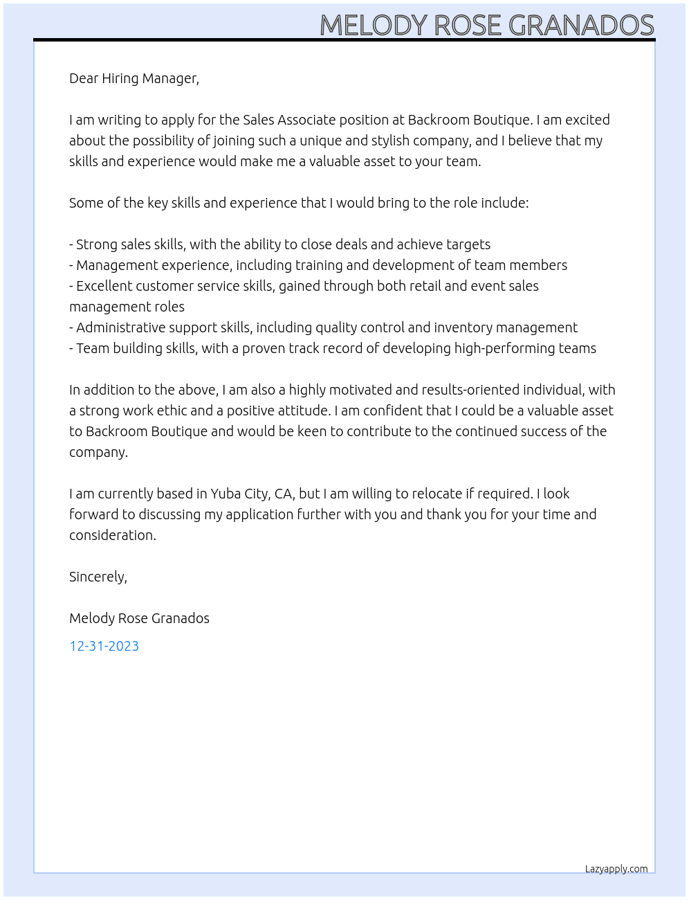 Sales associate  At Backroom Boutique  Cover Letter