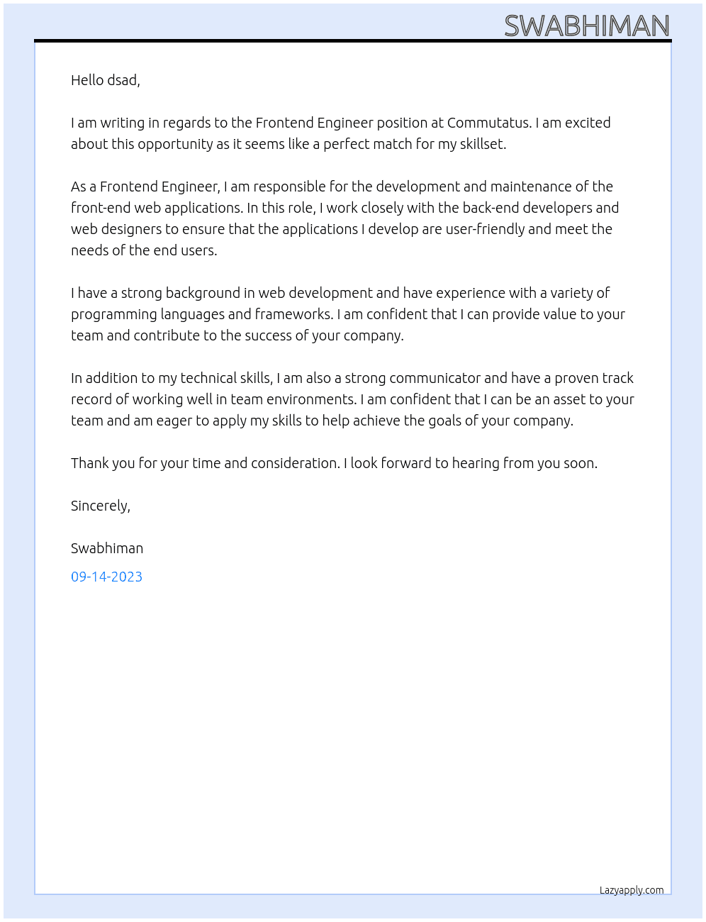 Frontend Engineer At commutatus Cover Letter