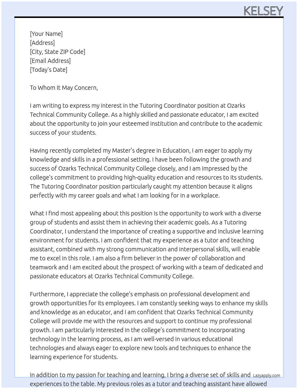 Tutoring Coordinator At Ozarks Technical Community College Cover Letter